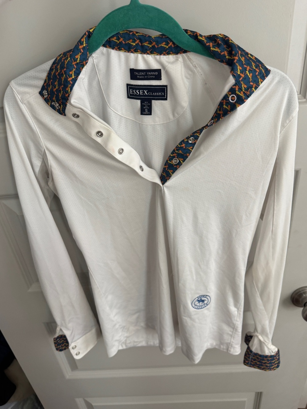 Essex Classics Women's White Button-Down Polo with Patterned Trim